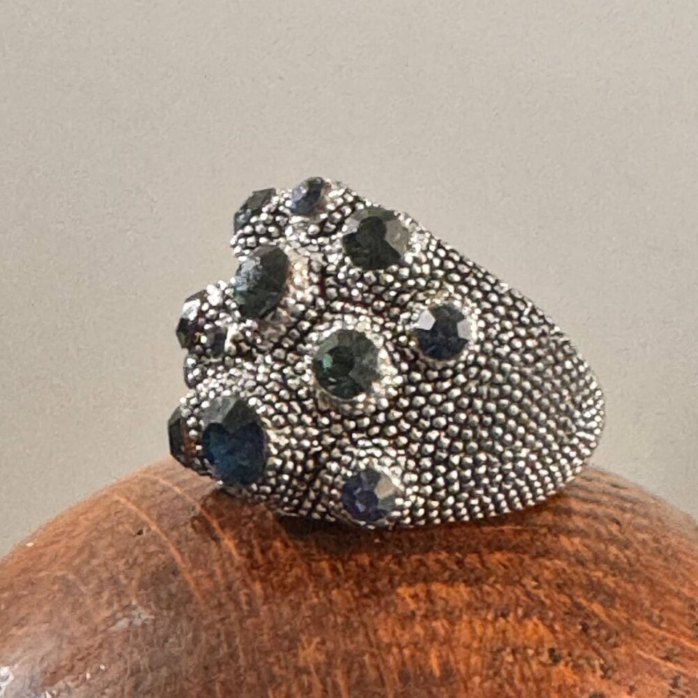 Vintage Custom Silver Tone Textured Statement Ring with Blue Stones - Size 7 - Picture 6 of 7